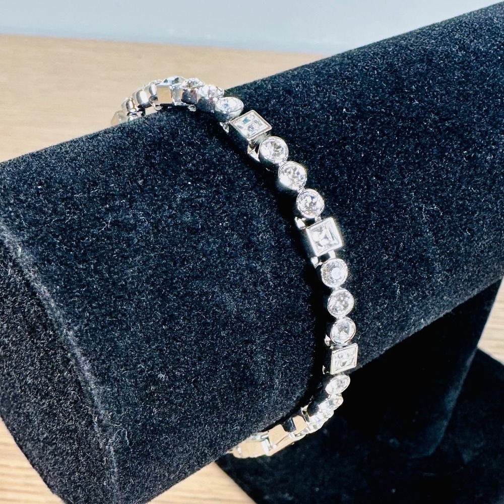 Swarovski Matrix Tennis Bracelet Round Square Crystal Rhodium Plated 7" Signed